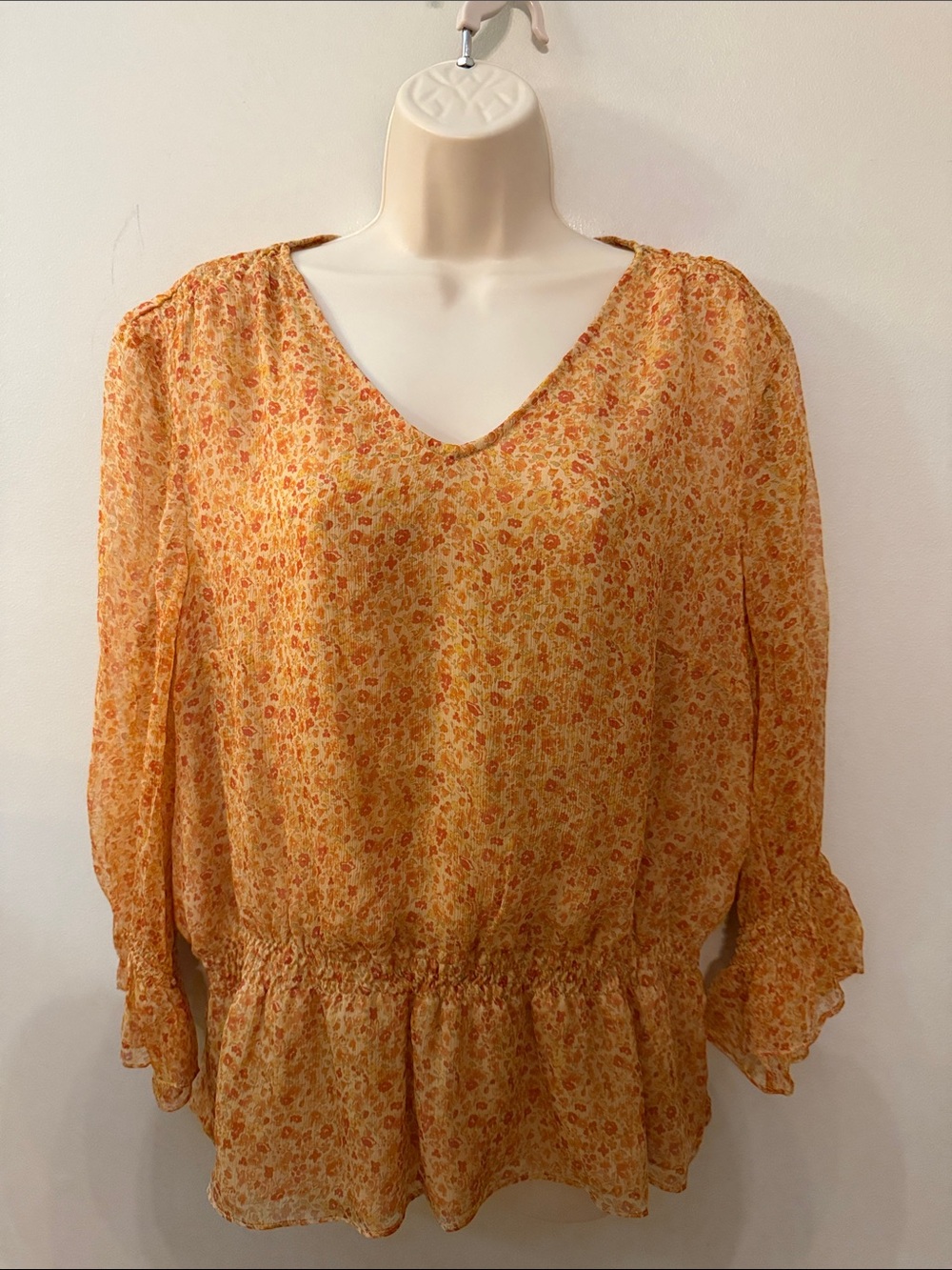 Richard Malcom 100% Silk Floral V-Neck Peplum Blouse - Yellow Orange Size XL